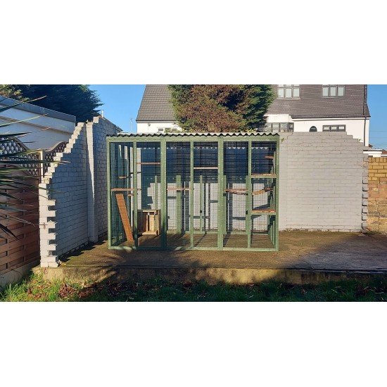 Waterproof Four-Sided Catio cat enclosure painted green.  182CM (6FT) X 274CM (9FT)